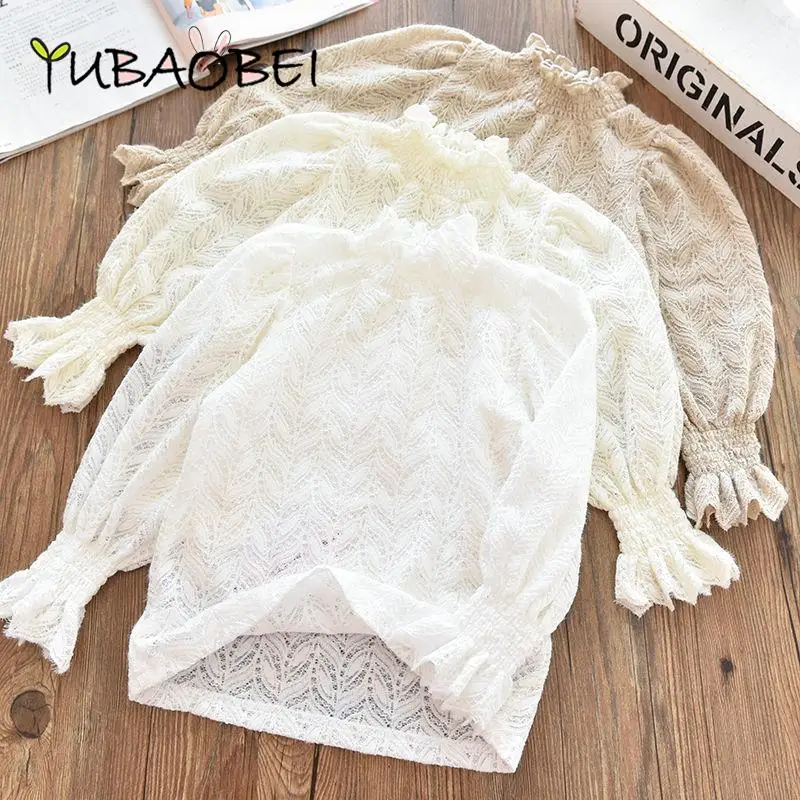 Spring Girls Lace Shirts White Long Sleeved Bottoming T-Shirt Kids High-Neck Punching Blouse Tops Children\'s Clothing Pullover