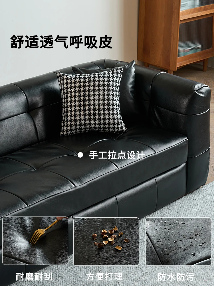 

Marshmallow black sofa living room small apartment modern light luxury leather art retro Internet celebrity double sofa 2025 new