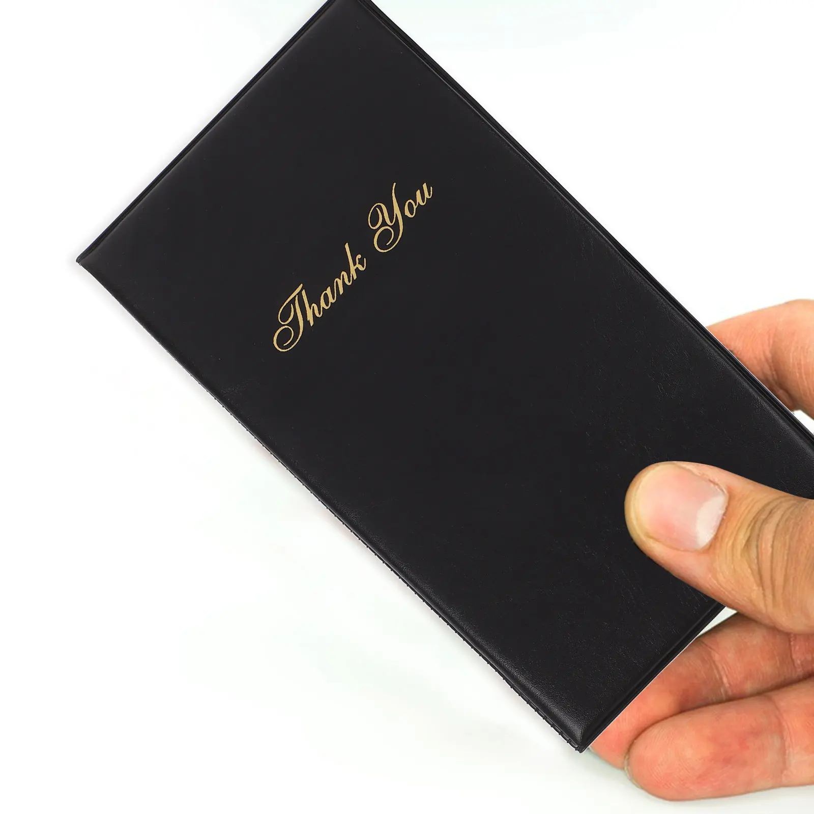 Elegant Black Card Holder with Gold Thank You Design Hand-Stitched Cover for Waiters Waitresses Bartenders