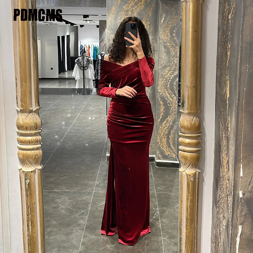 

PDMCMS Dark Red Velvet Prom Dress Simple Boat Neck Evening Dress 2024 For Women Elegant Mermaid Long Sleeves Formal Prom Gowns