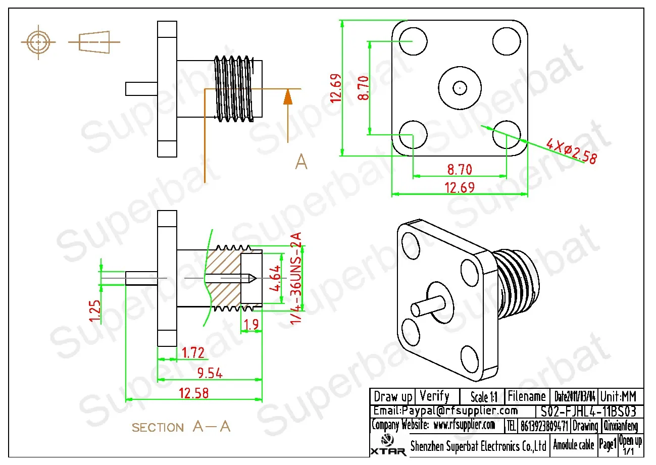 Superbat 10Pcs RP-SMA หญิงตรง4 Hole Panel Mount Solder Cup ติดต่อ RF Coaxial Connector