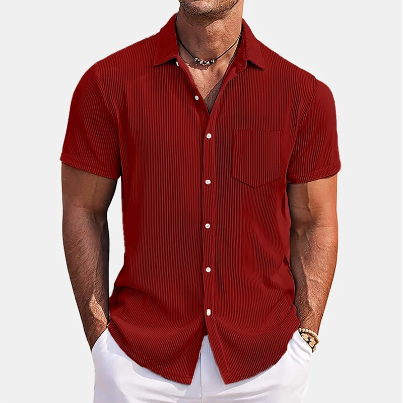 

2024 Spring Summer Beach Casual Shirts Men Short Sleeve Buttoned Turn-down Collar Shirt For Mens Clothes Vintage Ribbed Shirts