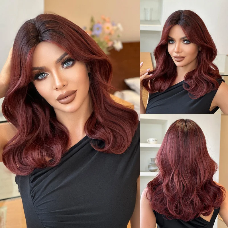 Women's shoulder-length curly in burgundy color, full headpiece with bangs, high-quality natural and stylish wig