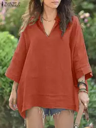 2024 ZANZEA Oversize Women Blouse Fashion Summer V Neck 3/4 Sleeve Shirt Casual Loose Tunic Tops Vintage Solid Blusas Chemise