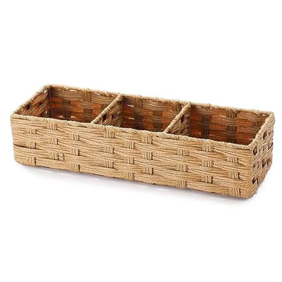 

Toilet Tank Topper Paper Basket Multiuse Hand Woven Plastic Wicker Basket Bins with Divider for Shelves Rustic Farmhouse Bathro