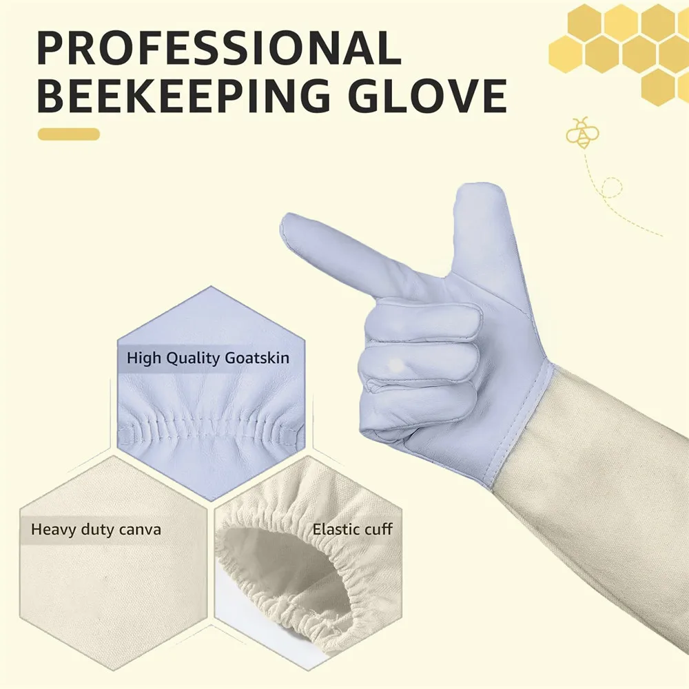 Beekeeping Gloves Goatskin Leather Protective Gloves For Beekeeper with Vented Sleeve Elastic Cuff Sting Protection Garden Glove