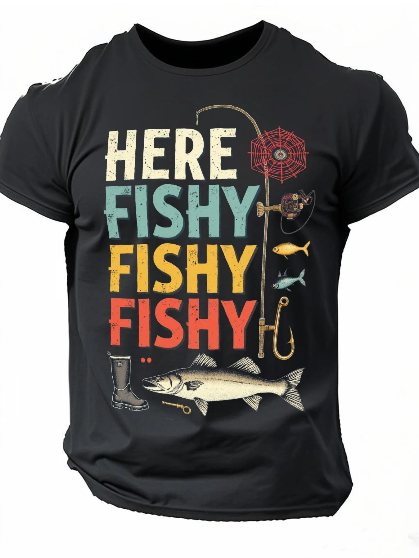 Plus-Size, Black Fishing-Themed T-Shirt Featuring a Vertical Pattern with The Colorful Text 