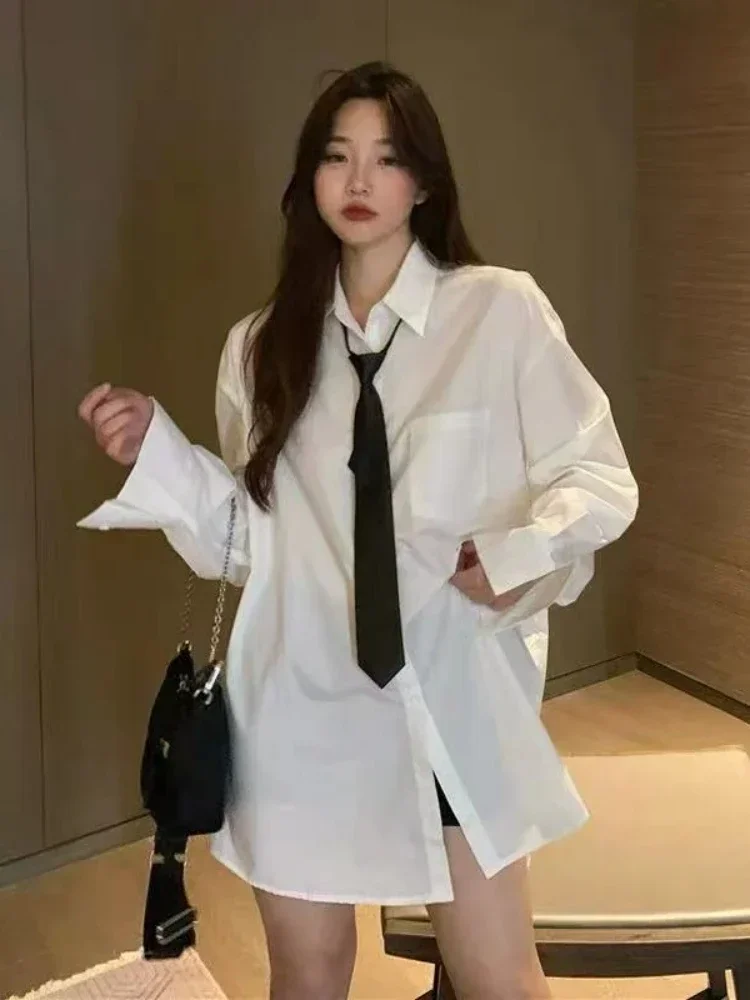 QNPQYX New Women Shirts Autumn Spring Korean Fashion Long Sleeve Oversized Shirt White Casual Loose Long Shirts Blouses with Tie