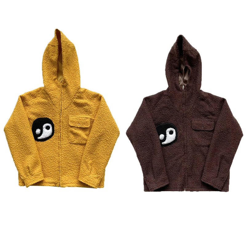 

CPFMXYZ Fuzzy Balance Tai Chi Embroidery Jaet Men's Hooded Coat Zipper Closure Long Sve Stand Fit Winter Outerwear