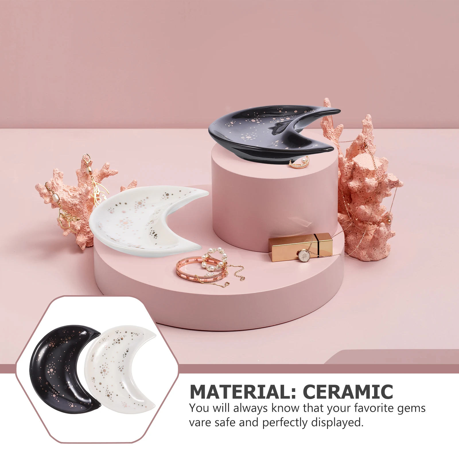 

2Pcs Ceramic Moon Tray Crystal Stone Holder Display Organizer Jewelry Storage Plates Design Moon Tray