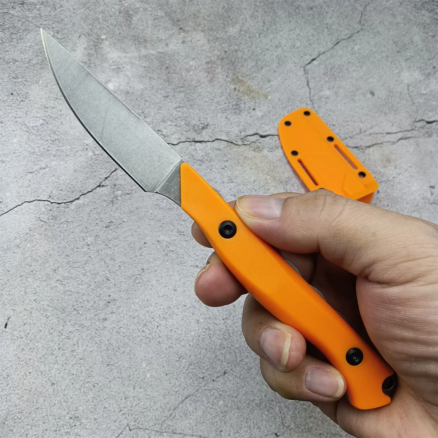 15700 Outdoor Tactical Stonewashed Fixed Blade Knife CPM-154 Steel Orange Santoprene Handle Hunting EDC Knives with Sheath