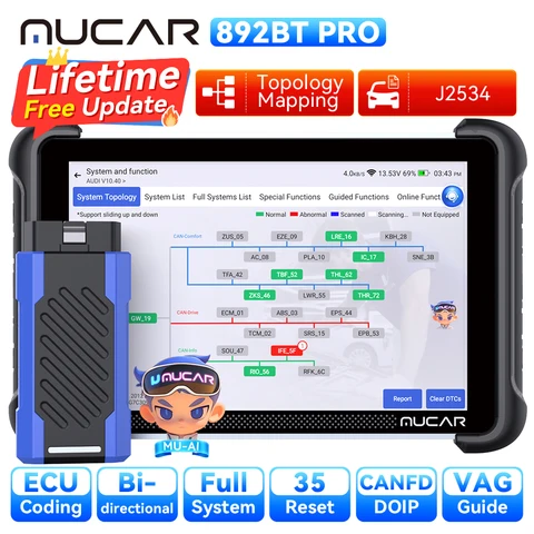 Диагностический сканер MUCAR 892BT PRO OBD2 с функцией топологического отображения, поддержкой протоколов J2534, CANFD, DOIP, 35 функциями сброса и пожизненным бесплатным обновлением.