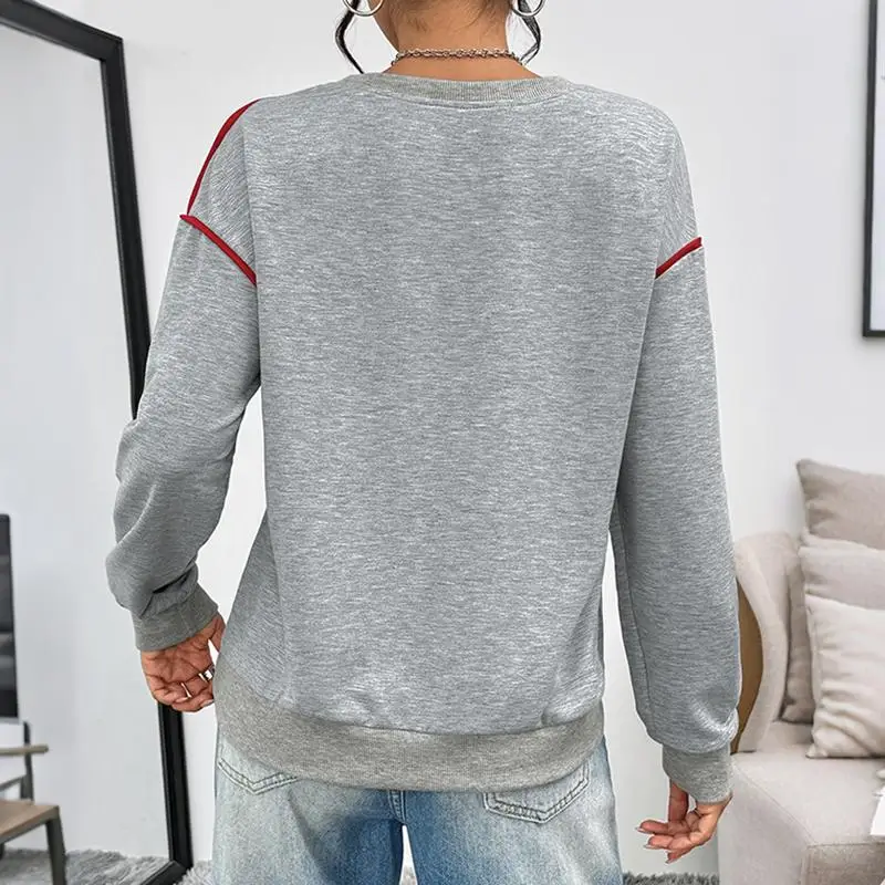 سويت شيرت نسائي رمادي للخريف والشتاء مع طباعة قلب أحمر وحواف متباينة - بلوزة كاجوال بأكمام طويلة للإناث #2