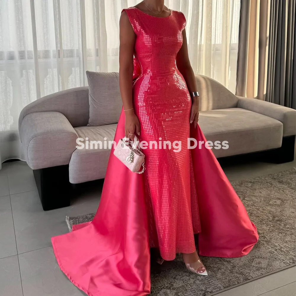 

Simin Women's Sequin O-Neck Sleeveless Backless Sheath Ankle-Length Evening Dresses With 3D Flower Sweep Train Prom Gown 2025
