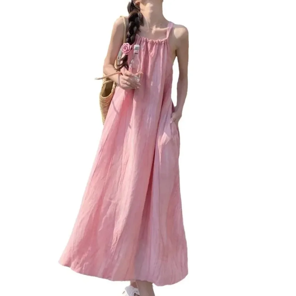 Doce rosa chiffon tanque vestido longo sem mangas verão nova chegada praia férias vestido roupas femininas enrugado bolso design
