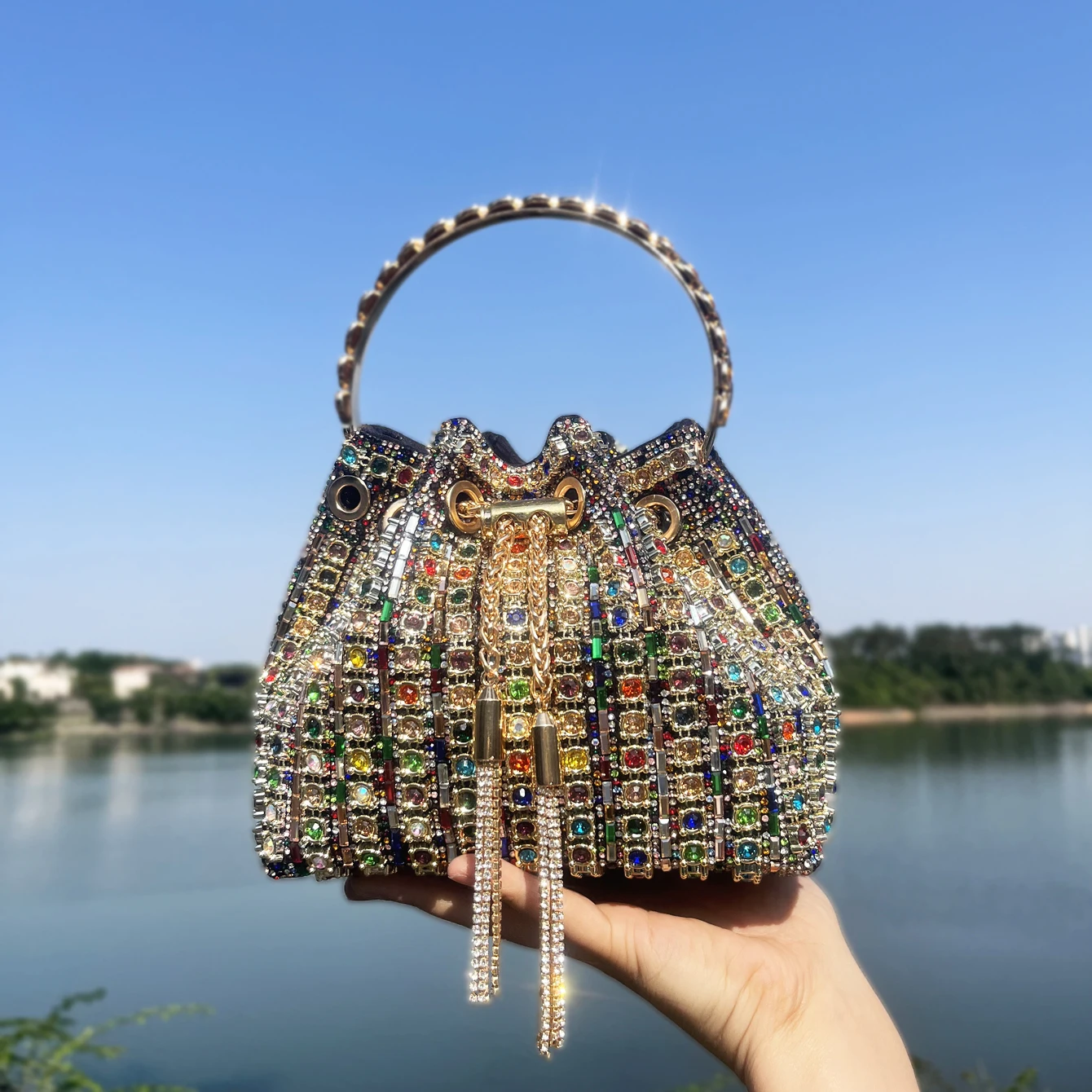 Luxury Crystal Rhinestone Bucket Clutch Purse Designer Women Shoulder Handbag Evening Banquet Crossbody Bag