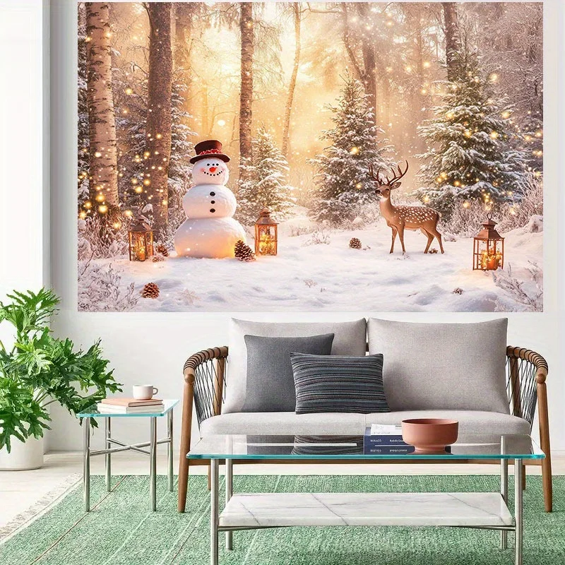 قطعة واحدة من قماش الخلفية ثنائي الأبعاد "ستارة غابة عيد الميلاد العجائب: رجل ثلج، مرافقة الرنة، فوانيس تألق في الشتاء #3