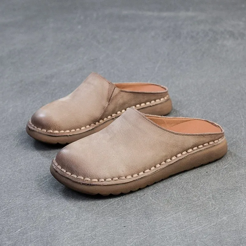 Women Mules Summer Genuine Leather Shoes Woman Soft Sole Flat Slippers Handmade Retro Women's Shoes for Women Outside Slides