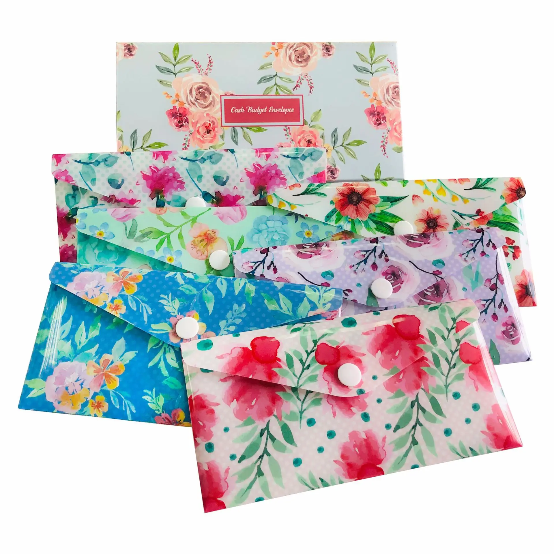 Pack of 15 PVC Budget Cash Plastic Envelopes Floral Fresh Plastic Snap Wrap Envelopes