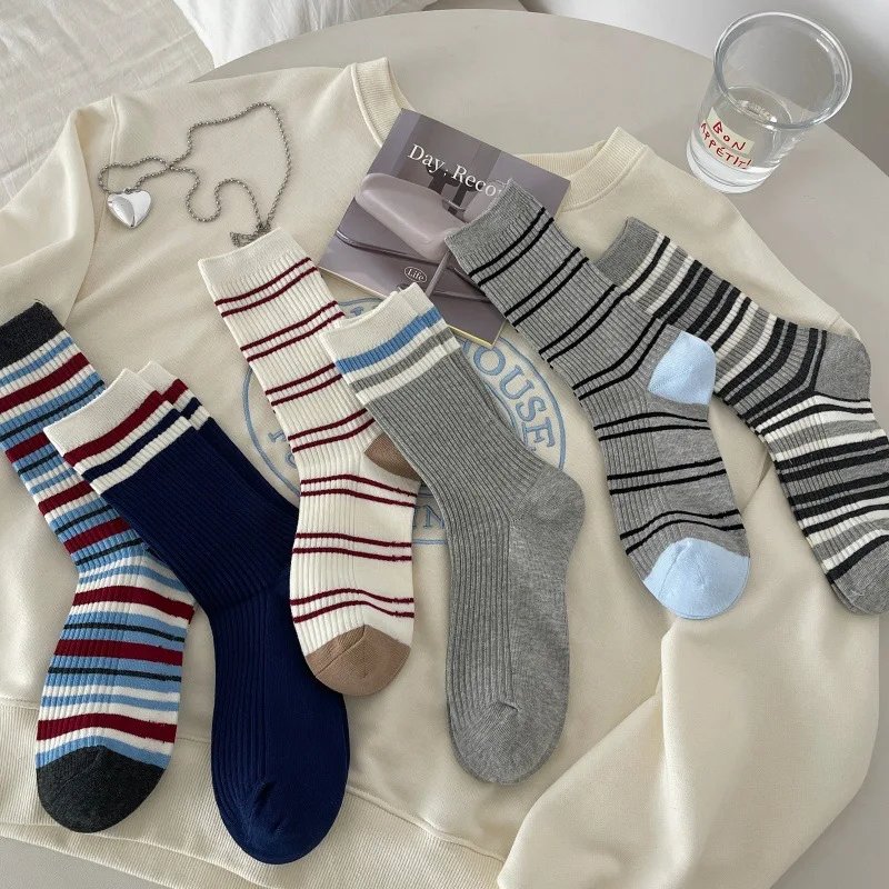 

5 Pairs Casual Gray Ankle Socks Woman Mid Tube Socks Fashion Cotton Spring Autumn Japanese Striped Long Socks High Quality 2025