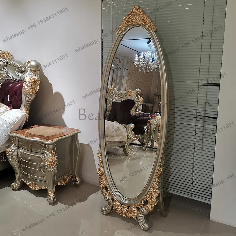 American all solid wood carving flower floor mirror full body bedroom changing mirror