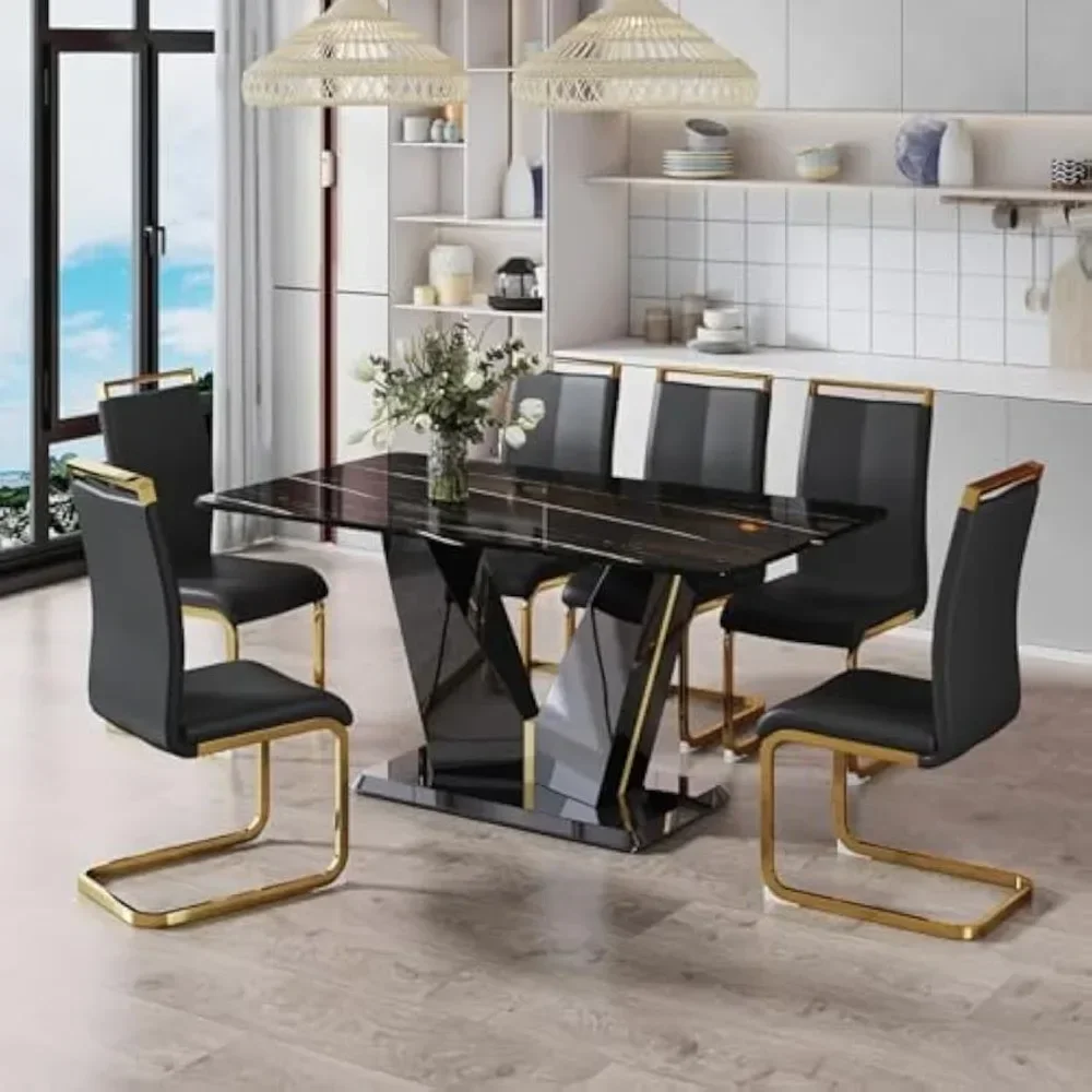 

7 Pieces Modern Black Dining Table Set 63" Marble Table Chair Set of 6 PU Leather Chairs Rectangle Dining Room Table Set