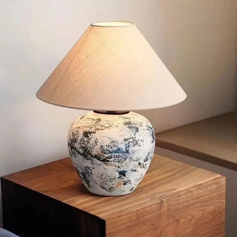 Handmade Ceramic Pot Table Lamp for Living Room Bedroom Remote Control Dimming Bedside Lamps Hotel Room Decorative Table Light