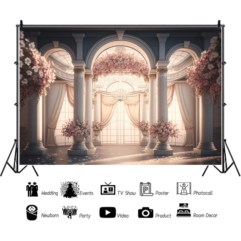 Romantic Fantasy Wedding Gate Bouquet Photography Backdrop Props Archway With Flowers Palace  Photo Studio Background HHL-01