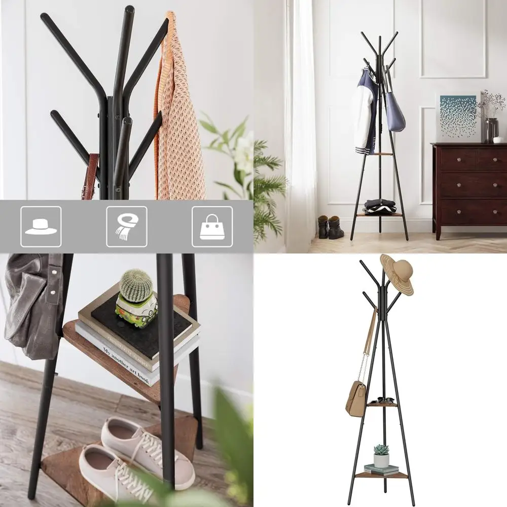 

Вешалка для одежды в индустриальном стиле с 2 полками, цвет орехово-коричневый и черный, для шляп, сумок и одежды