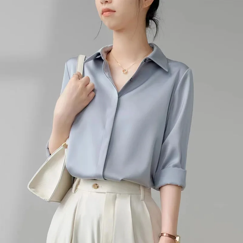 Satin shirt women's long sleeved versatile retro drape commuting light mature shirt