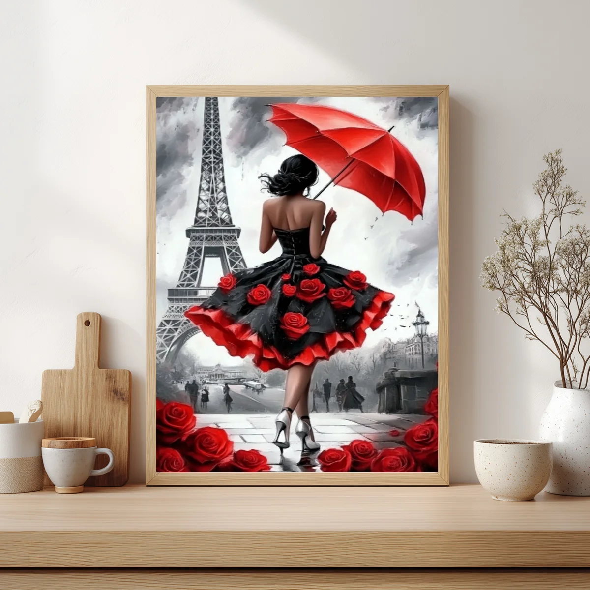 1 Stück 30x40 cm/11,8x15,7 Zoll, 11Ct/14Ct Kreuzstich-Set, DIY Valentinstagsgeschenk, Stickerei-Set für Festlichkeiten, Eiffelturm Rotes Kleid – Detail 3
