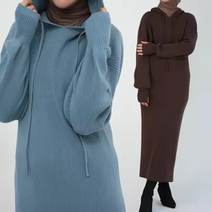 

Autumn Maxi Ribbed Sweater Dress Women Muslim Hooded Long Sleeve Casual Sporty Dubai Turkey Winter Abaya Thick Kaftan Jalabiya