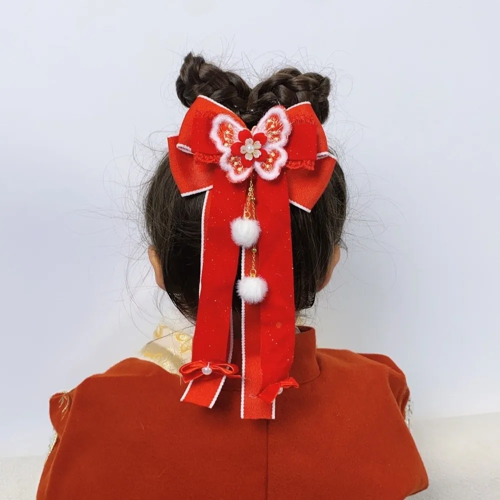 

Sweet Red Bow Ribbon Hair Clip Tassel New Year Hairpin Pompom Princess Hanfu Hair Ornamen Festival
