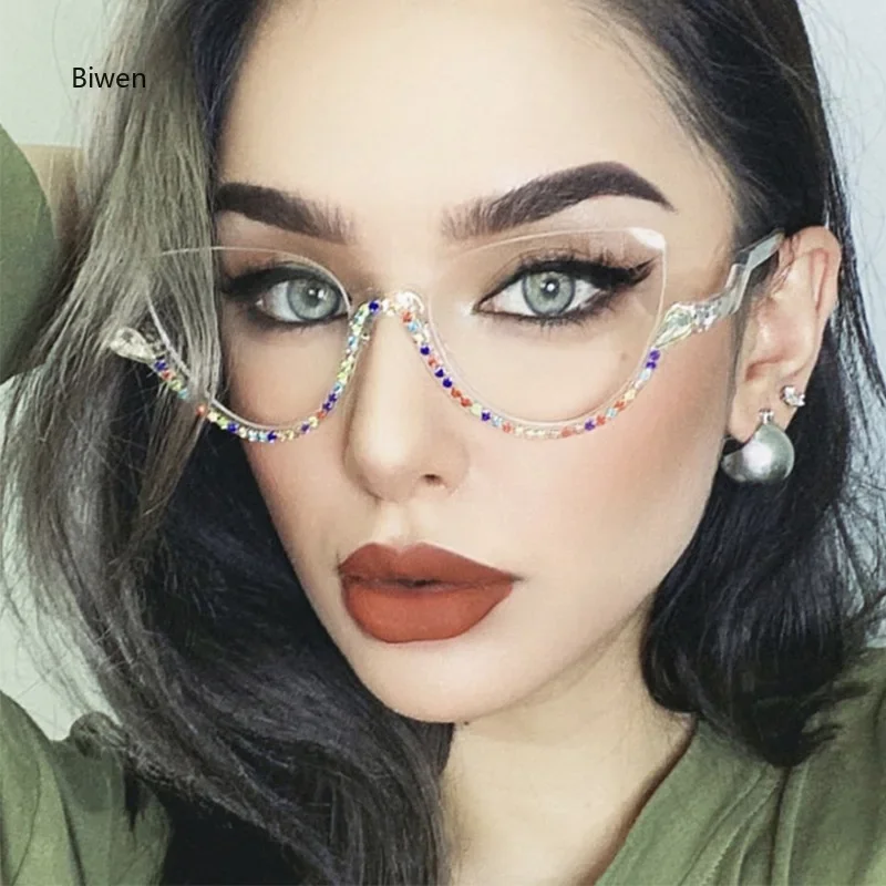 Diamond Cat Eye Sunglasses Women 2024 Semi-Rimless Sun Glasses Luxury Brand Designer Crystal Frame Rhinestone Eyewear Oculos