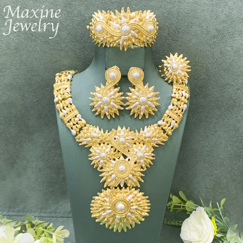 

Patterned Luxury Dubai Gold Plated Jewelry Set Exaggerated Choker Collar Necklace Earrings Bracelet Ring Wedding Party Gift