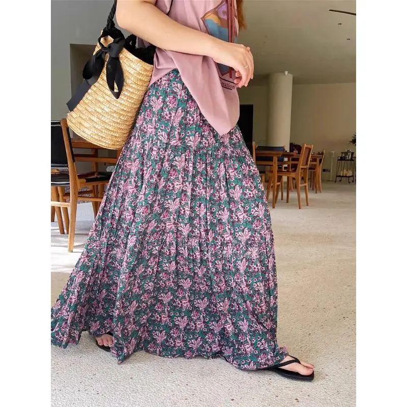 

Dimanaf Summer 2024 Women Long Skirts Elastic Waist Design Floral Vintage Elegant Loose Lace Purple Red Skirts