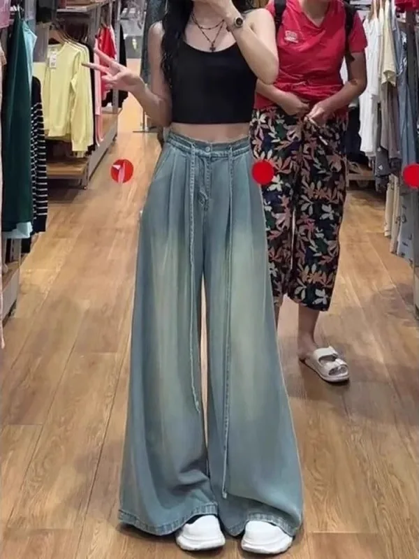 

Джинсовые джинсы с высокой талией и драпировкой, женские летние тонкие широкие брюки, потайное мясо, для похудения, большие размеры, ретро Sle