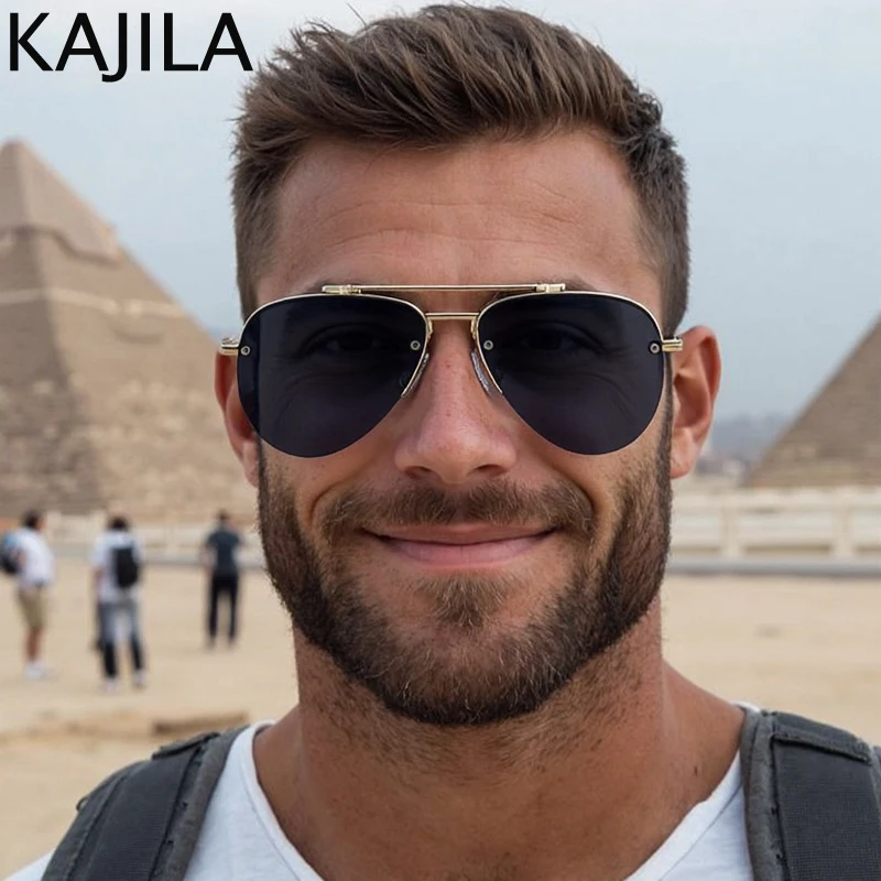 Semi-Rimless Pilot Steampunk Sunglasses Men 2025 Luxury Brand Vintage Punk Oval Sunglass Trendy Metal Double Beam Shades UV400