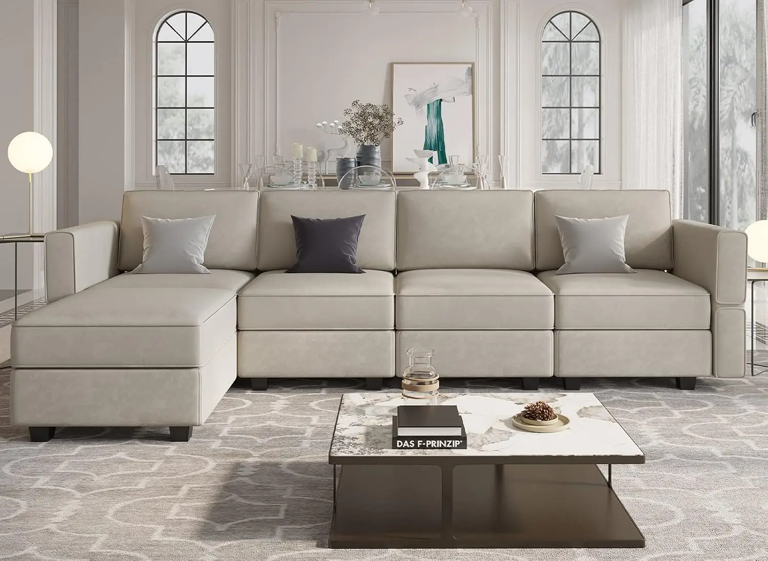 Velvet Modular Sectional Sofa with Reversible Chaise & Storage, 4-Seat L-Shape Convertible Couch Grey, Customized