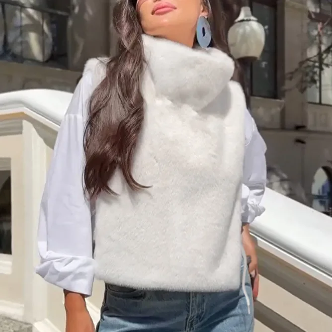 Women Faux Mink Fur Vests Coats Solid Fur Jackets Lace Up Cotton Linen Turtleneck Sleeveless Loose Fit Casual 2026 Autumn Winter