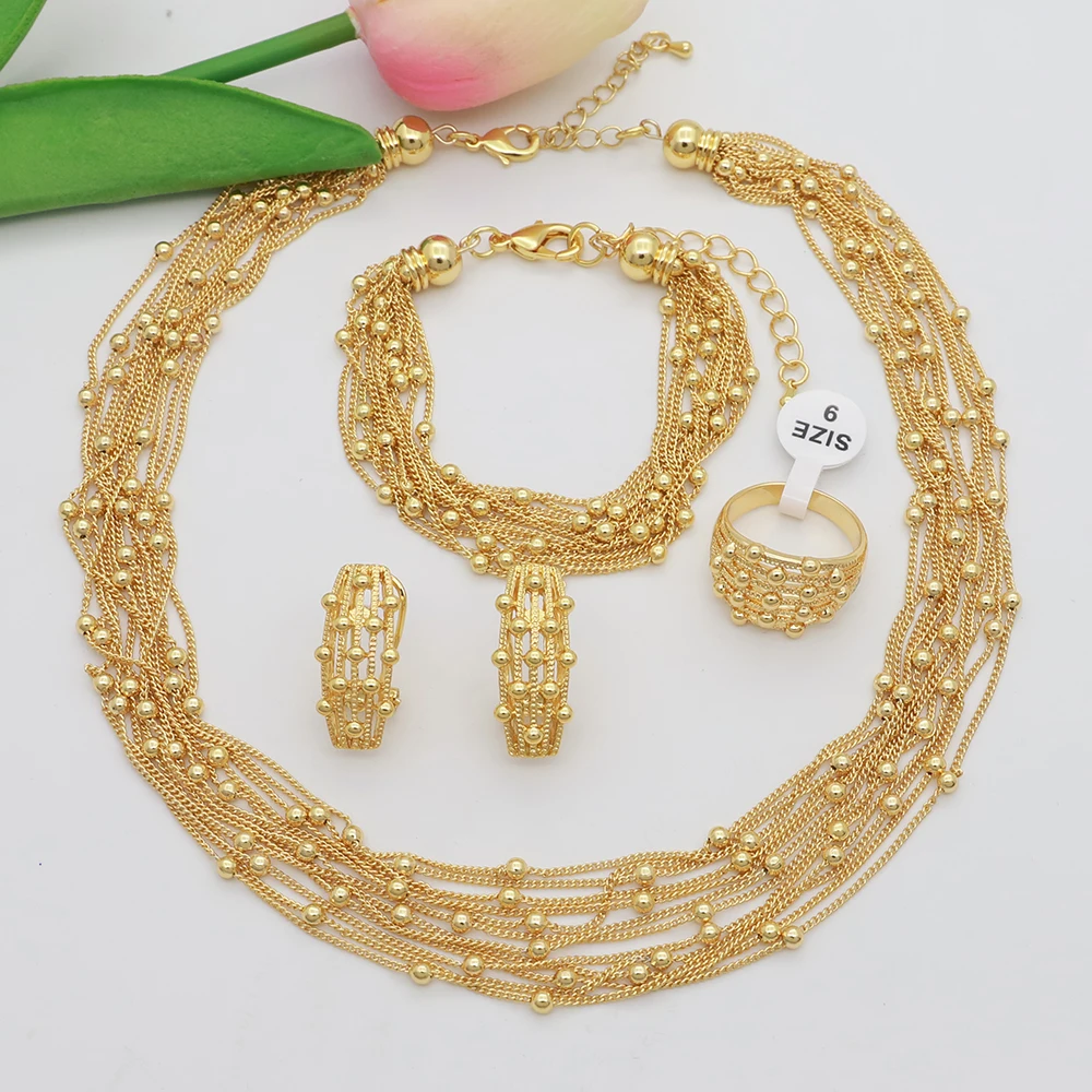 Italy 18k Gold Plated Women Jewelry Set Classic Design Elegant Necklace Earring Bracelet And Ring 4PCS Set Jewelry Wedding Party