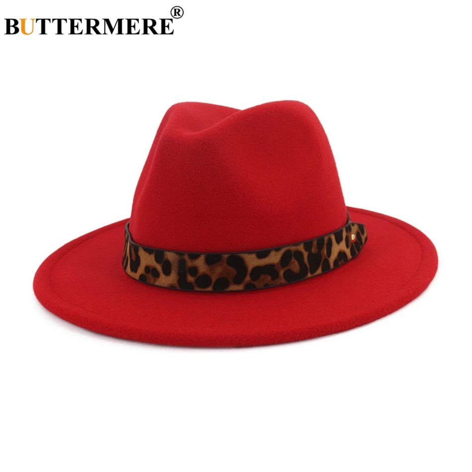 

BUTTERMERE New Design Red Fedoras Hats for Women Wide Brim Felt Hat with Leopard Belt Ladies Jazz Cap Female Winter Fashion
