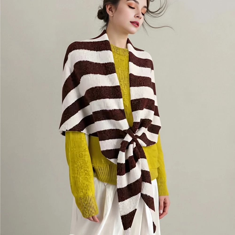 

Мягкий текстурированный шарф, элегантная женская вязаная шаль, кардиган, накидка из шерсти, кашемировая смесь, стильная полосатая для комфорта