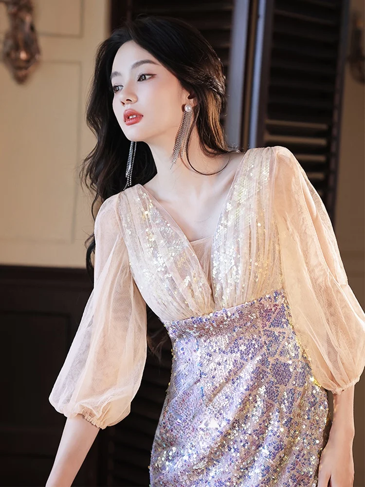 

Новое вечернее платье Ele ort Fi Tail 2026 года: элитное, роскошное, с блестящими пайетками, корейское, миди-платье