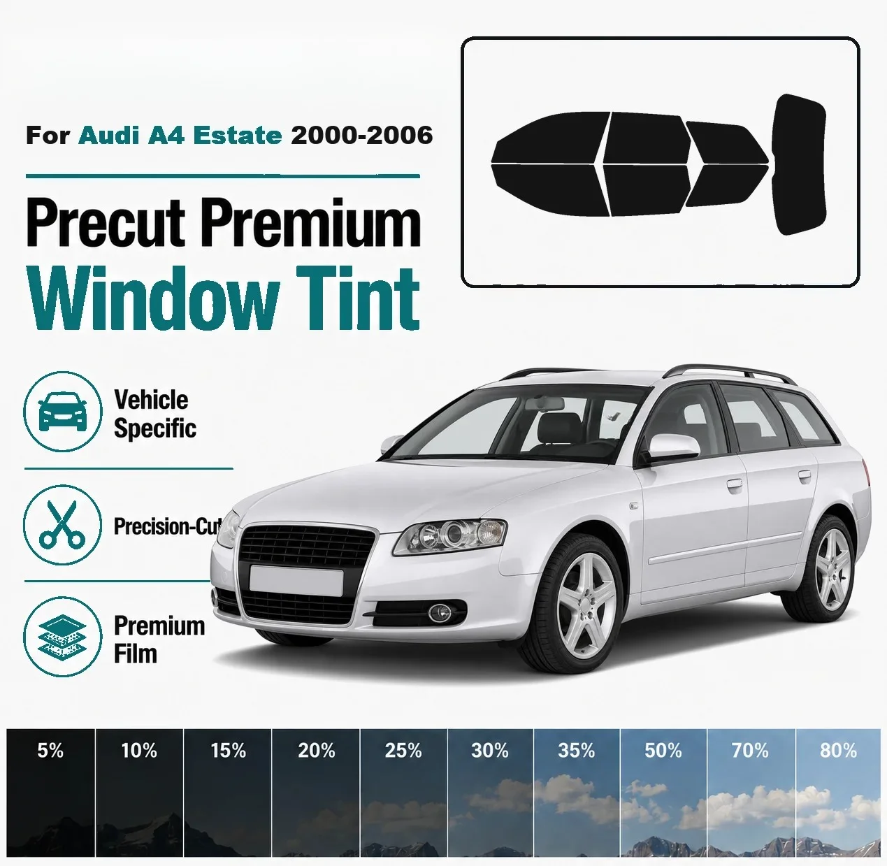 For Audi A4 Estate 2000-2006 Pre-Cut Window Tint Film Vehicle-Specific Full Kit Front & Rear Windows Precision-Cut