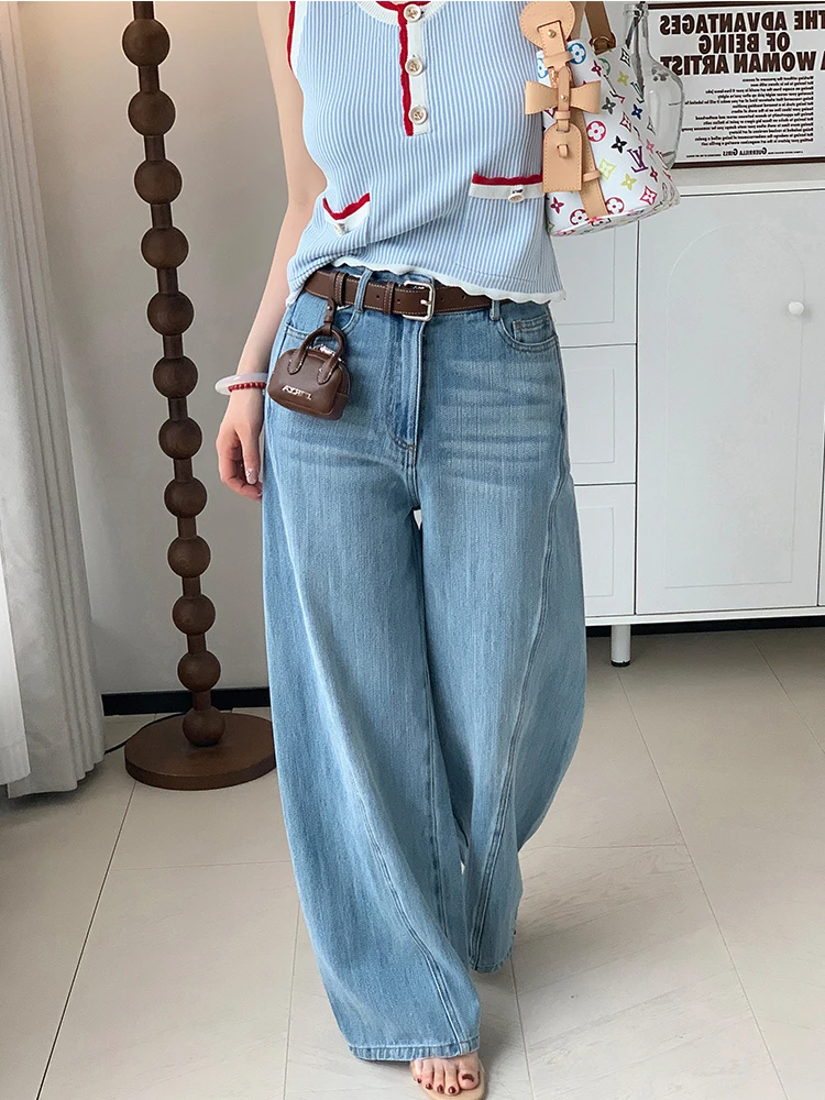 

Soft Silk Wide Leg Jeans Women's Summer Casual Straight Cut Jeans Lightweight Dra Thin Denim Trousers with Belt