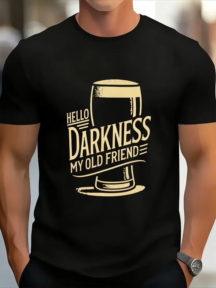 Retro Dark Beer Hello Darkness My Old Friend Graphic Mens Cotton Short Sleeve Tee Casual Drinking Top For Beer Lover Adult Males