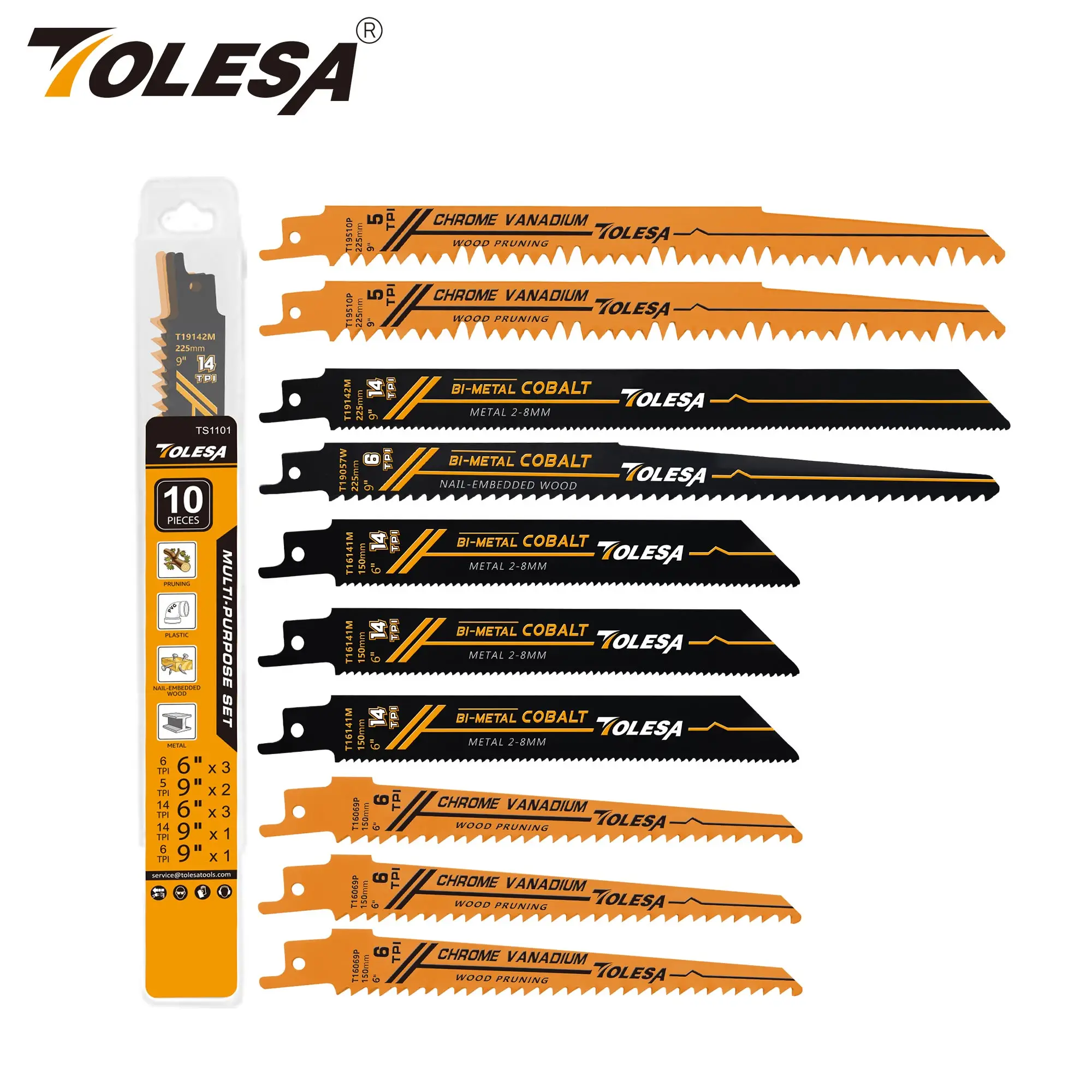 TOLESA 10PCS Reciprocating Bi-metal Saw Blades for Wood Pruning PVC Cutting Heavy Metal Cutting Metal Tube Sheet for Window Door