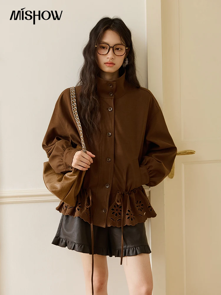MISHOW Trench brodé creux pour femmes automne 2025 cordon taille café veste revers simple boutonnage manteau MXE48W0855