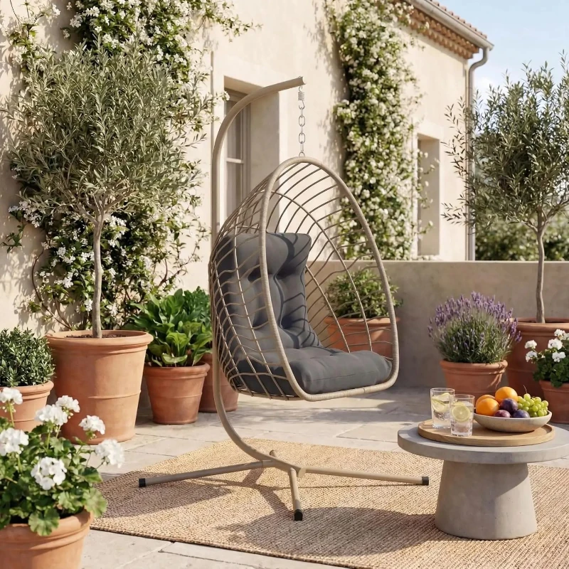 PE Rattan Egg Chair With Stand Hanging Swing Cushion Heavy Duty Metal Frame 350lbs Patio Porch Garden Bedroom 2pcs